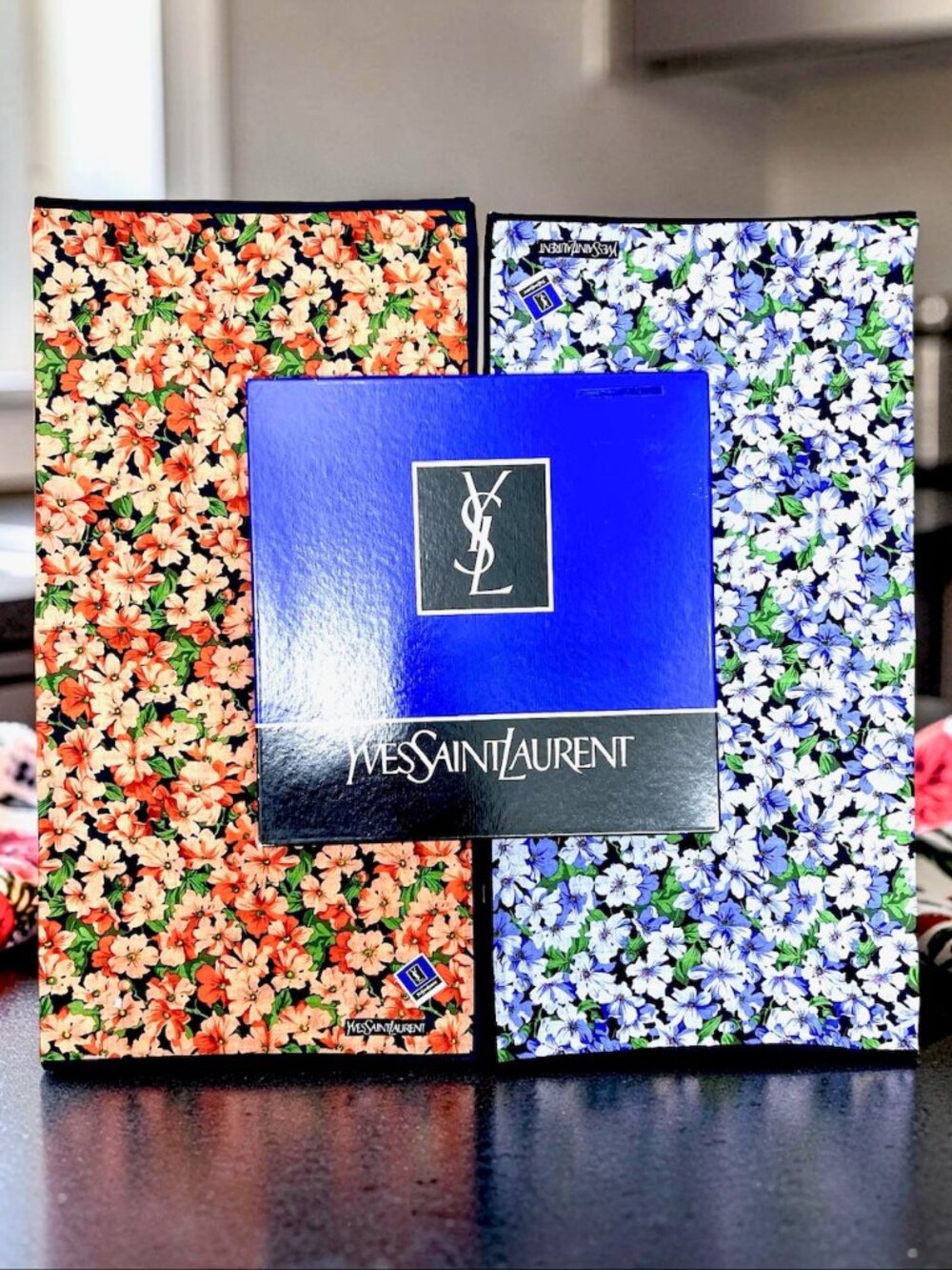 2) New  YVES SAINT LAUREENT  Neck-Kerchief  19"  Purple Orange Green Floral (80